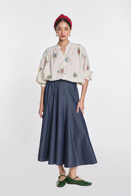 Cotton Blouse With Floral Cross Stitch Embroidery In Ecru