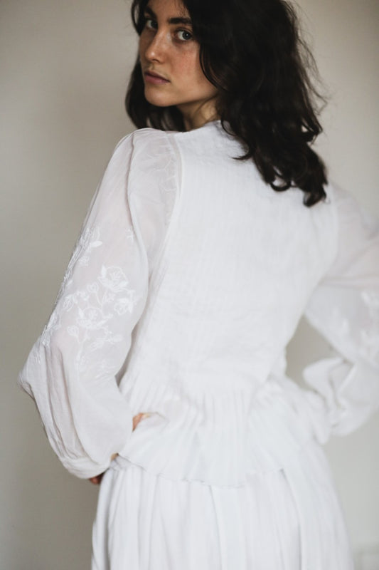 French White Embroidered Blouse With Pleats - Audrey
