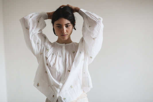 French White Embroidered Floral Blouse With Smocked Neck - Margot Fleurs