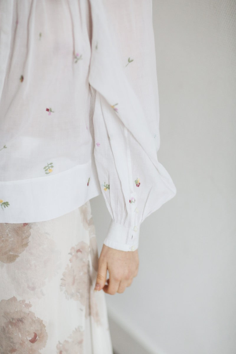 French White Embroidered Floral Blouse With Smocked Neck - Margot Fleurs