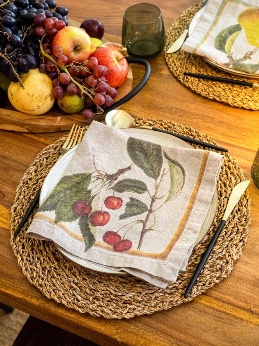 European Linen 'Orchard Fruits' Set of 6 Linen Napkins