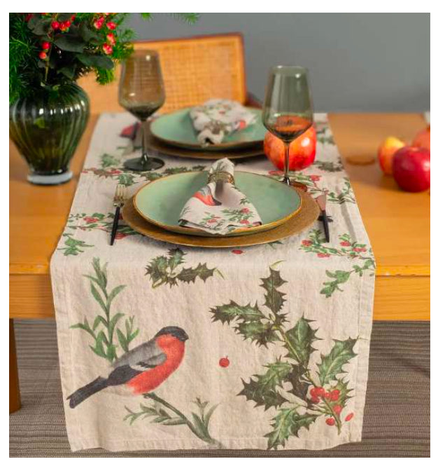 European Linen 'Winter Bullfinch' Table Runner - Natural