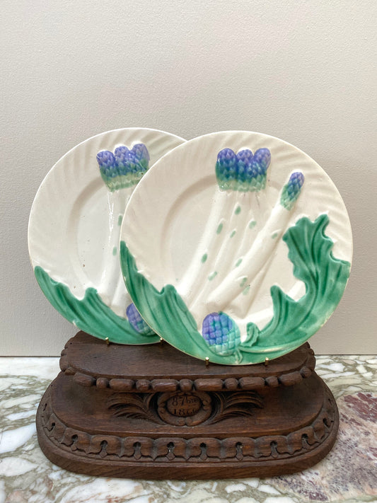 Antique French 'Salins Majolica' Asparagus Pair of Plates