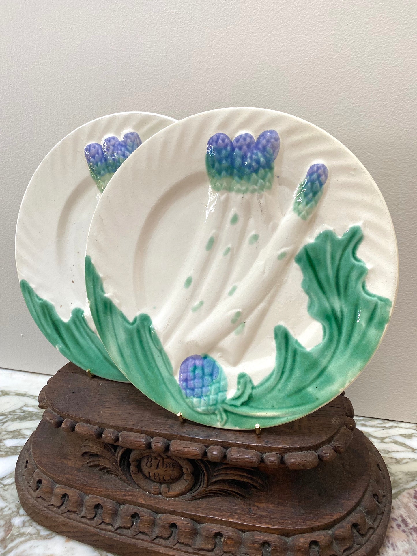Antique French 'Salins Majolica' Asparagus Pair of Plates