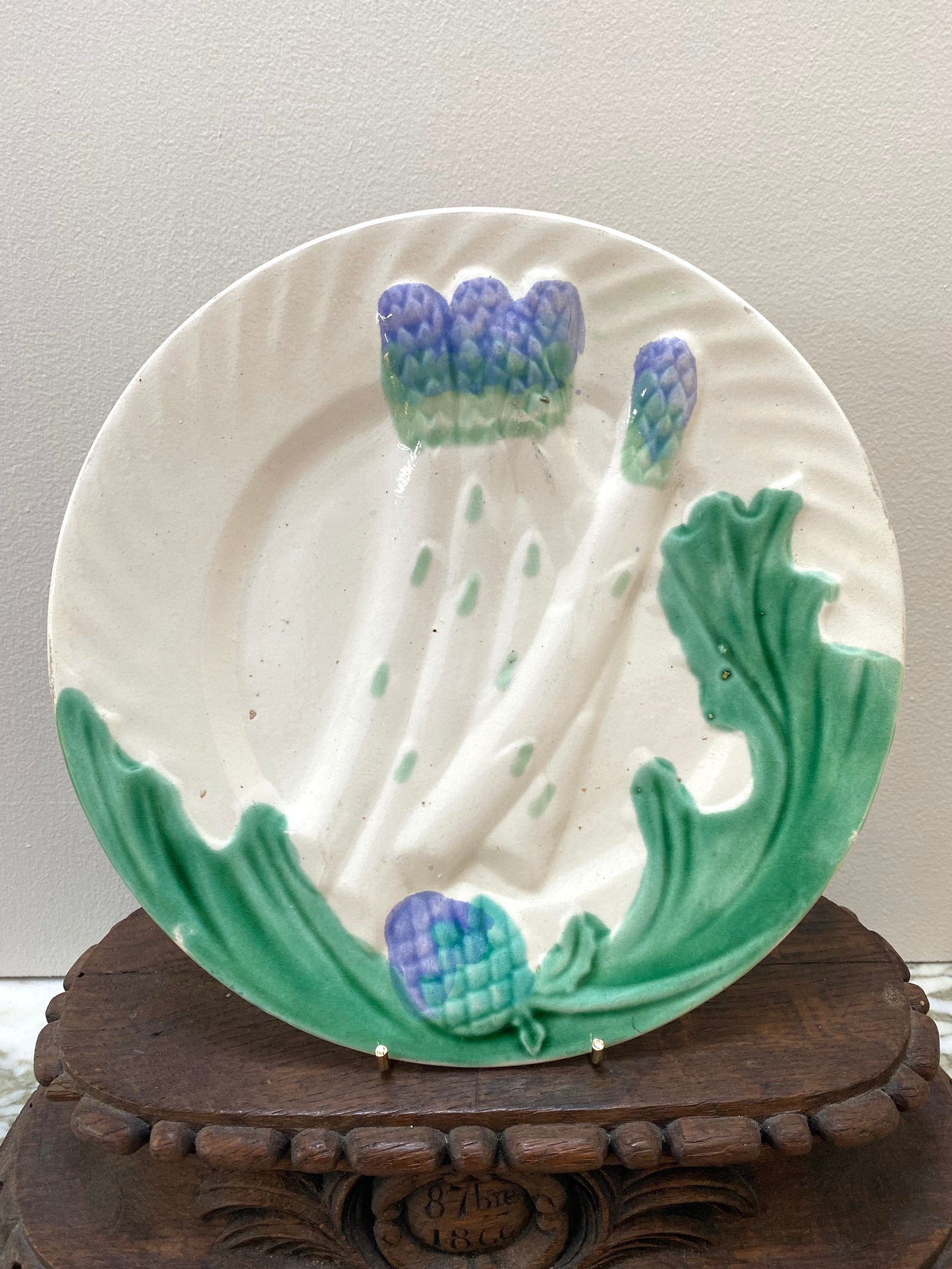 Antique French 'Salins Majolica' Asparagus Pair of Plates