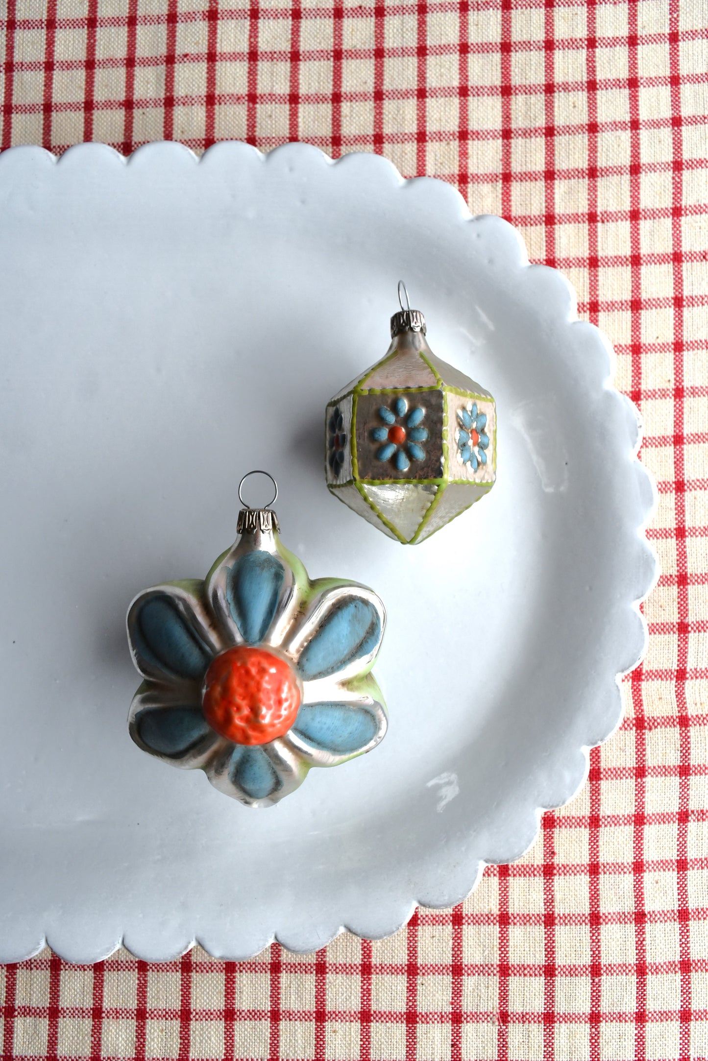 Blue Green Flowers - Nostalgic German Christmas Ornaments - Set VII
