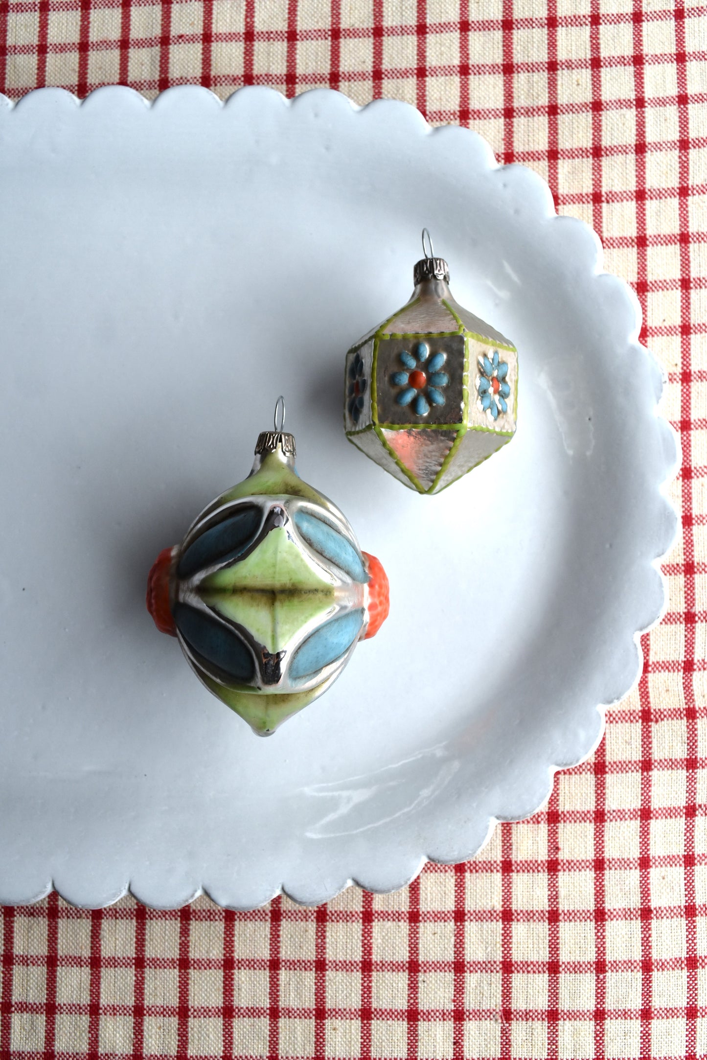 Blue Green Flowers - Nostalgic German Christmas Ornaments - Set VII