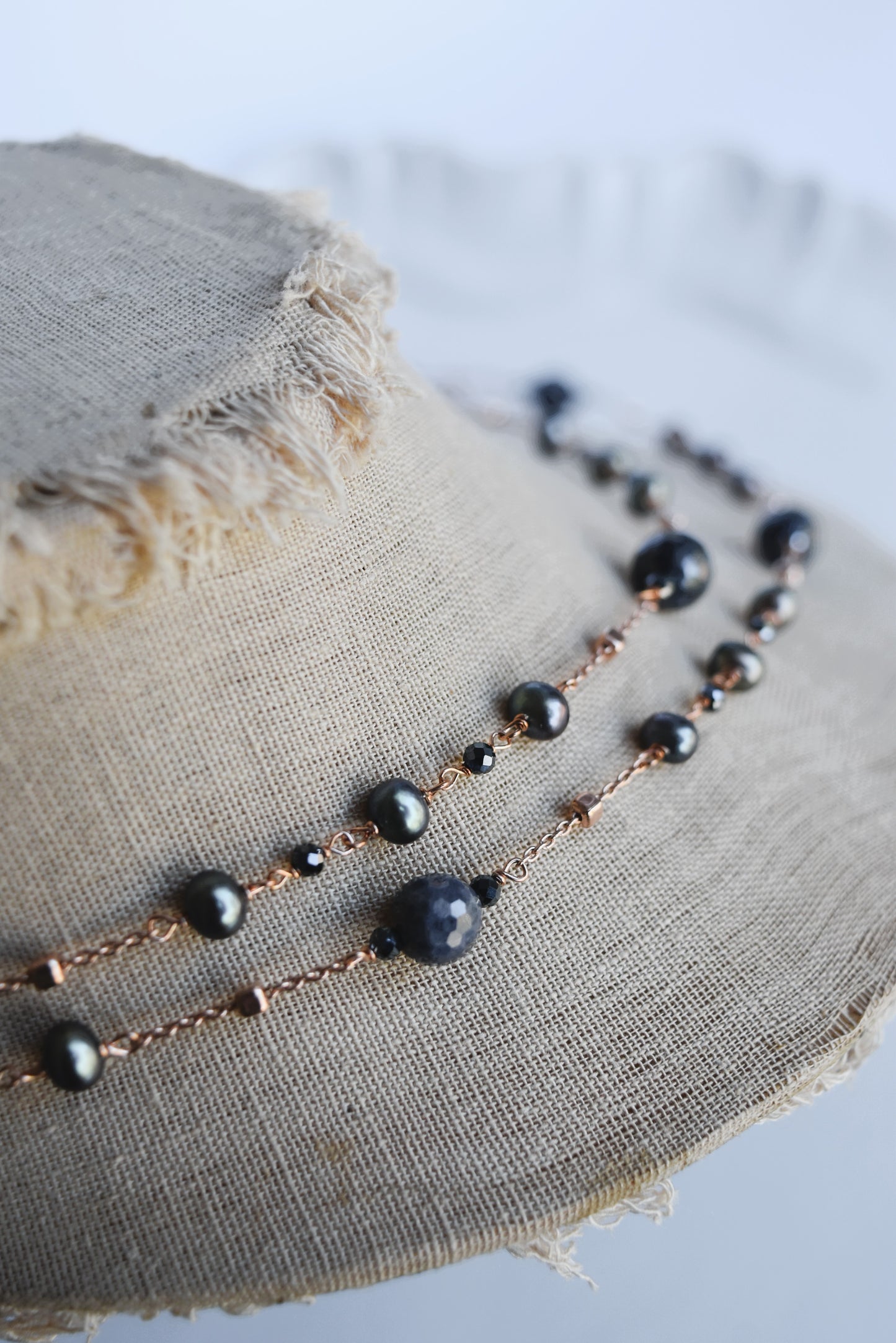 Italian Navy Blue Pearl & Crystal Long Necklace