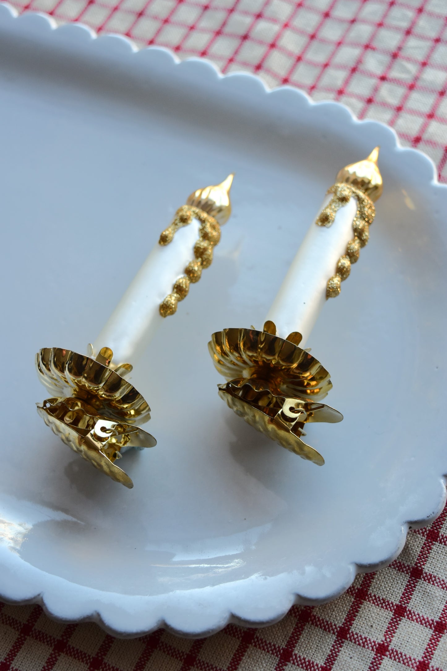 German Glass Christmas Ornament Set - White And Gold Candle Pair