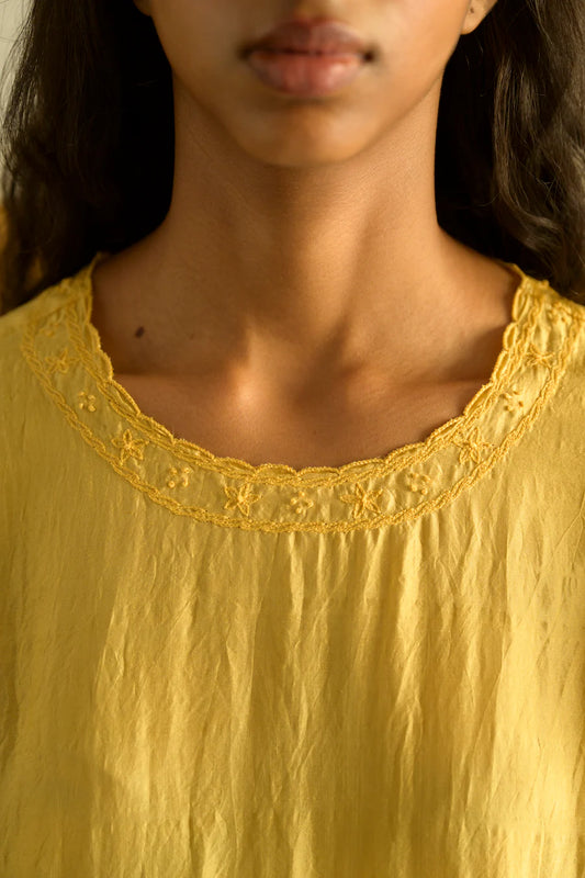 Runaway Bicycle Yellow Silk Dress With Embroidered Neckline LAST ONE LARGE