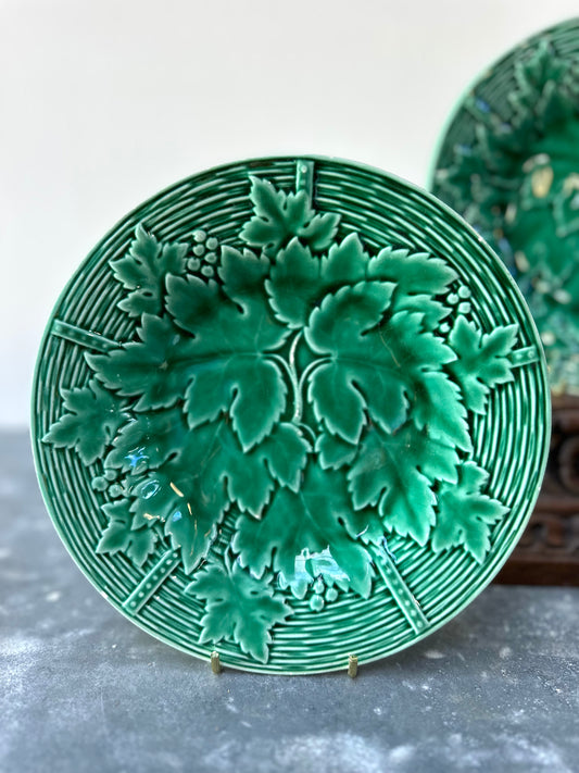 Antique French Gien 'Prime Fleur' Green Leaf Plate Pair