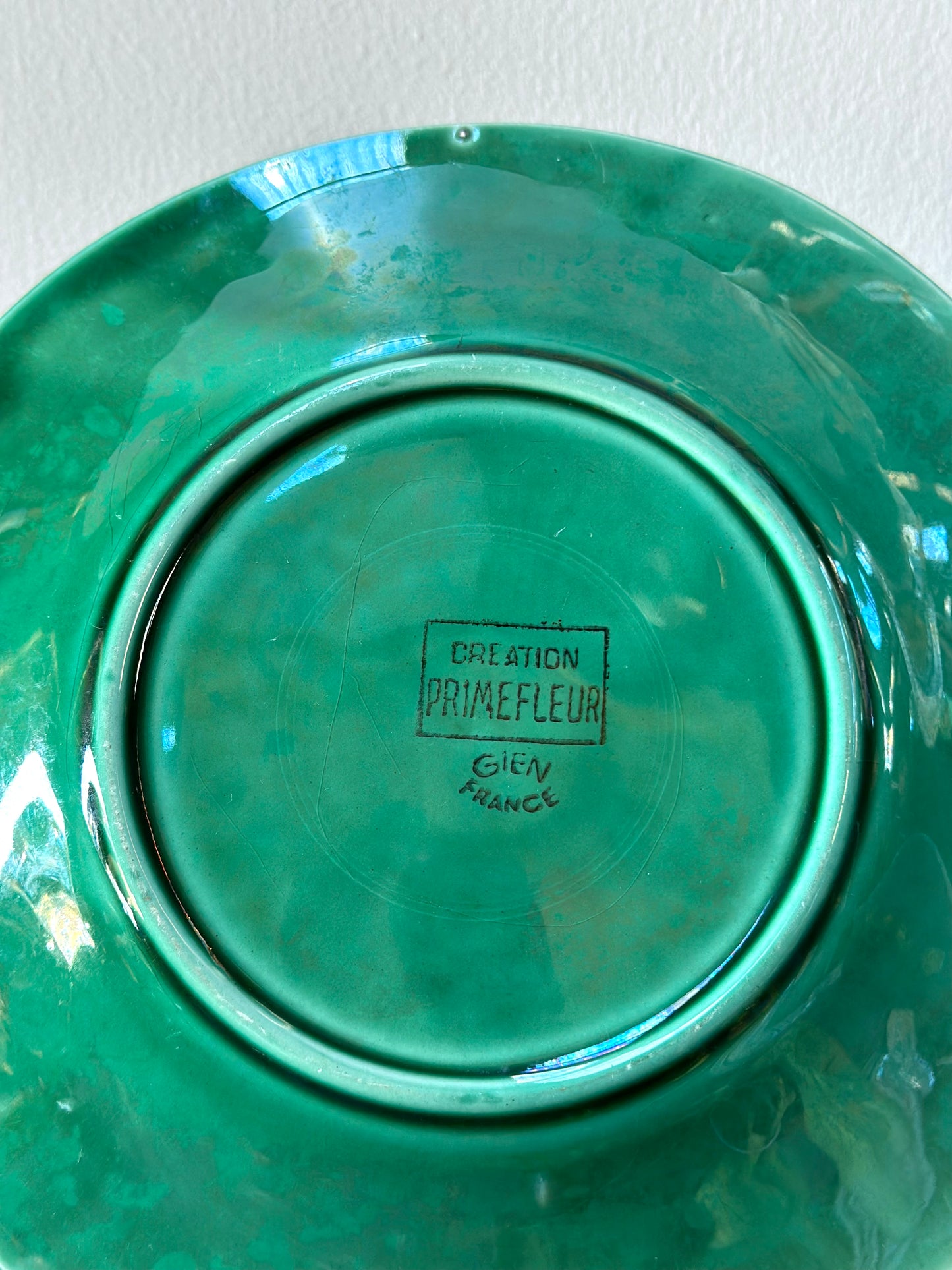 Antique French Gien 'Prime Fleur' Green Leaf Plate Pair