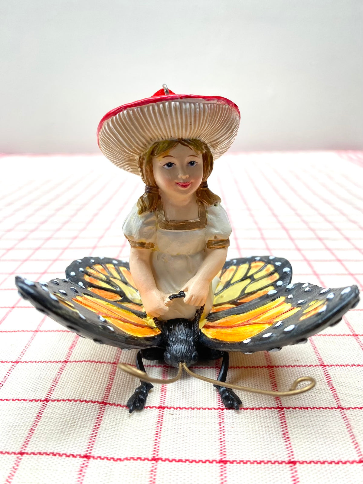 Mushroom Elves on Bee & Butterfly - Pair Hanging Ornaments - Woodland Christmas