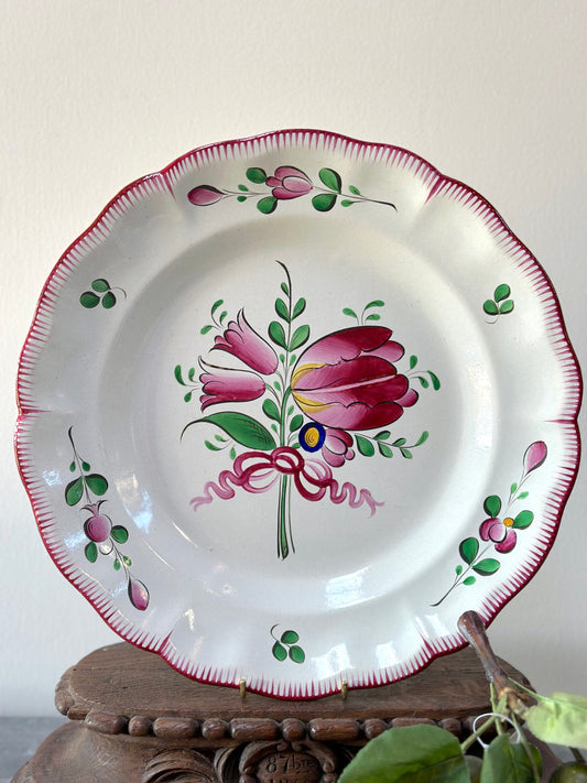 Antique French Hand Painted Round Floral Platter