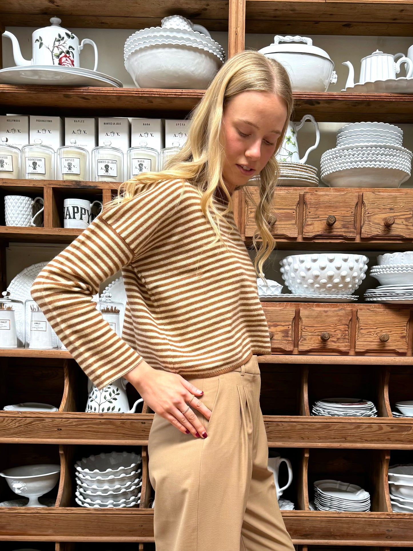 Minina Cashmere Knit Jumper - Camel And White Stripe