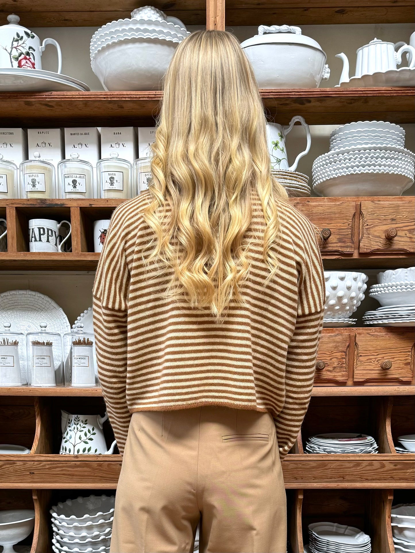 Minina Cashmere Knit Jumper - Camel And White Stripe