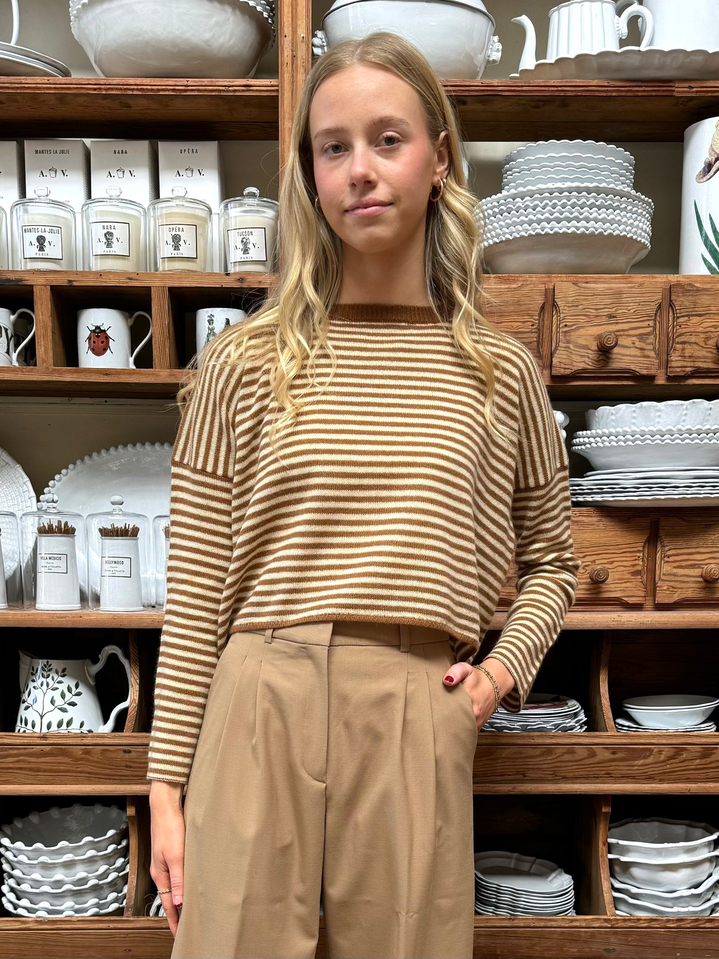 Minina Cashmere Knit Jumper - Camel And White Stripe