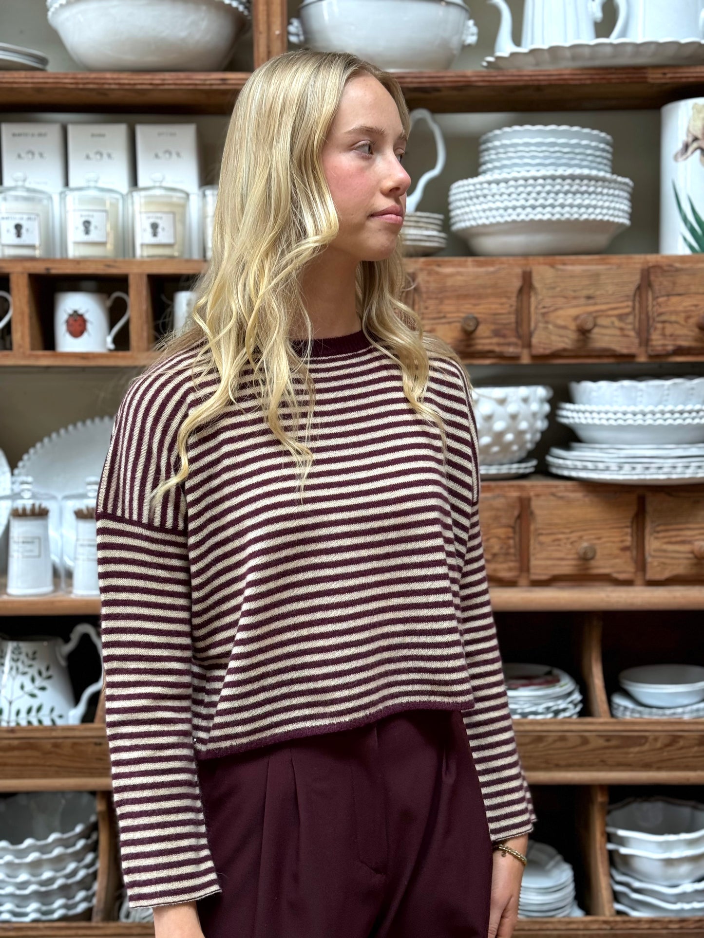 Minina Cashmere Knit Jumper - Burgundy And White Stripe