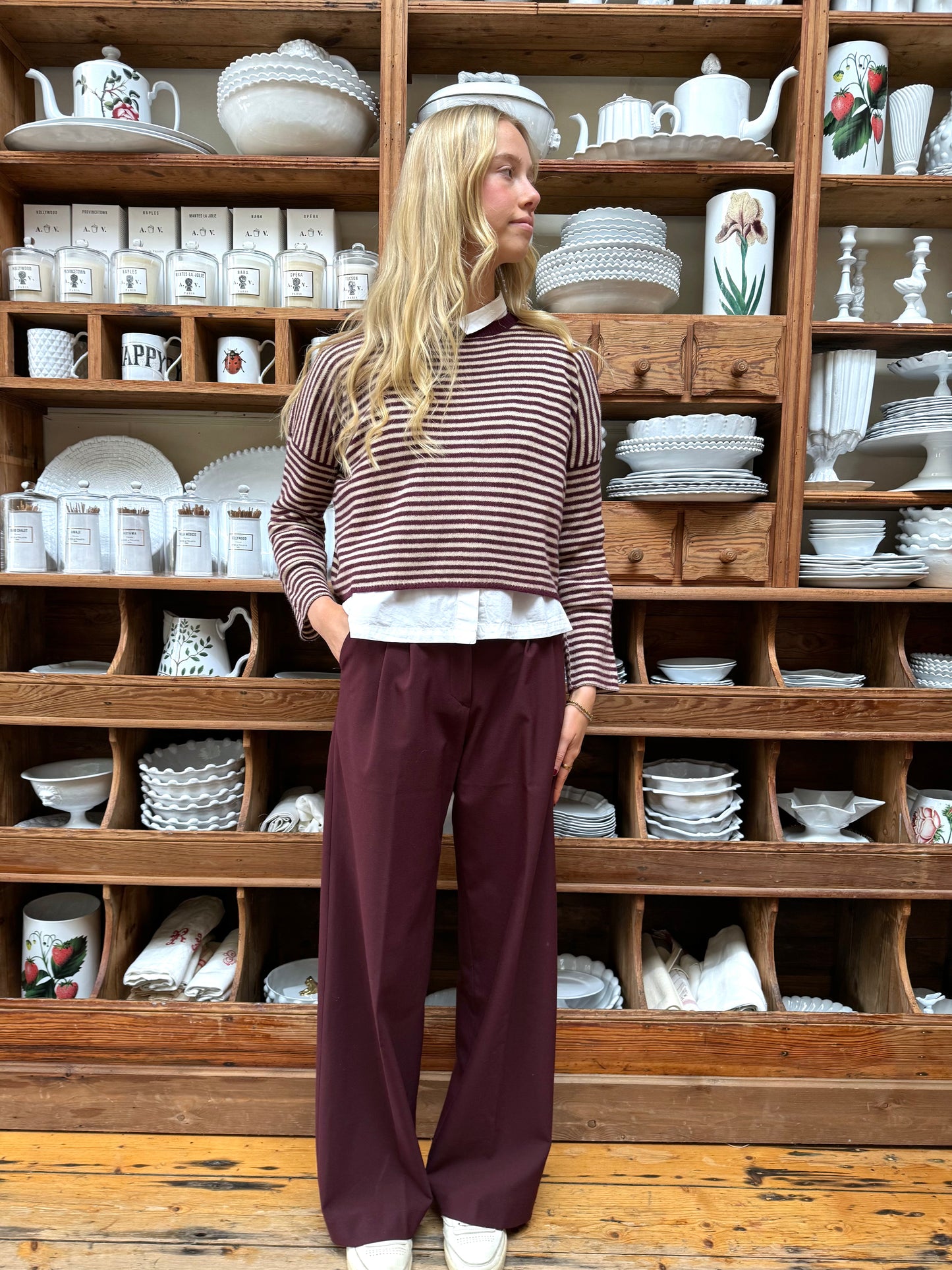 Minina Cashmere Knit Jumper - Burgundy And White Stripe