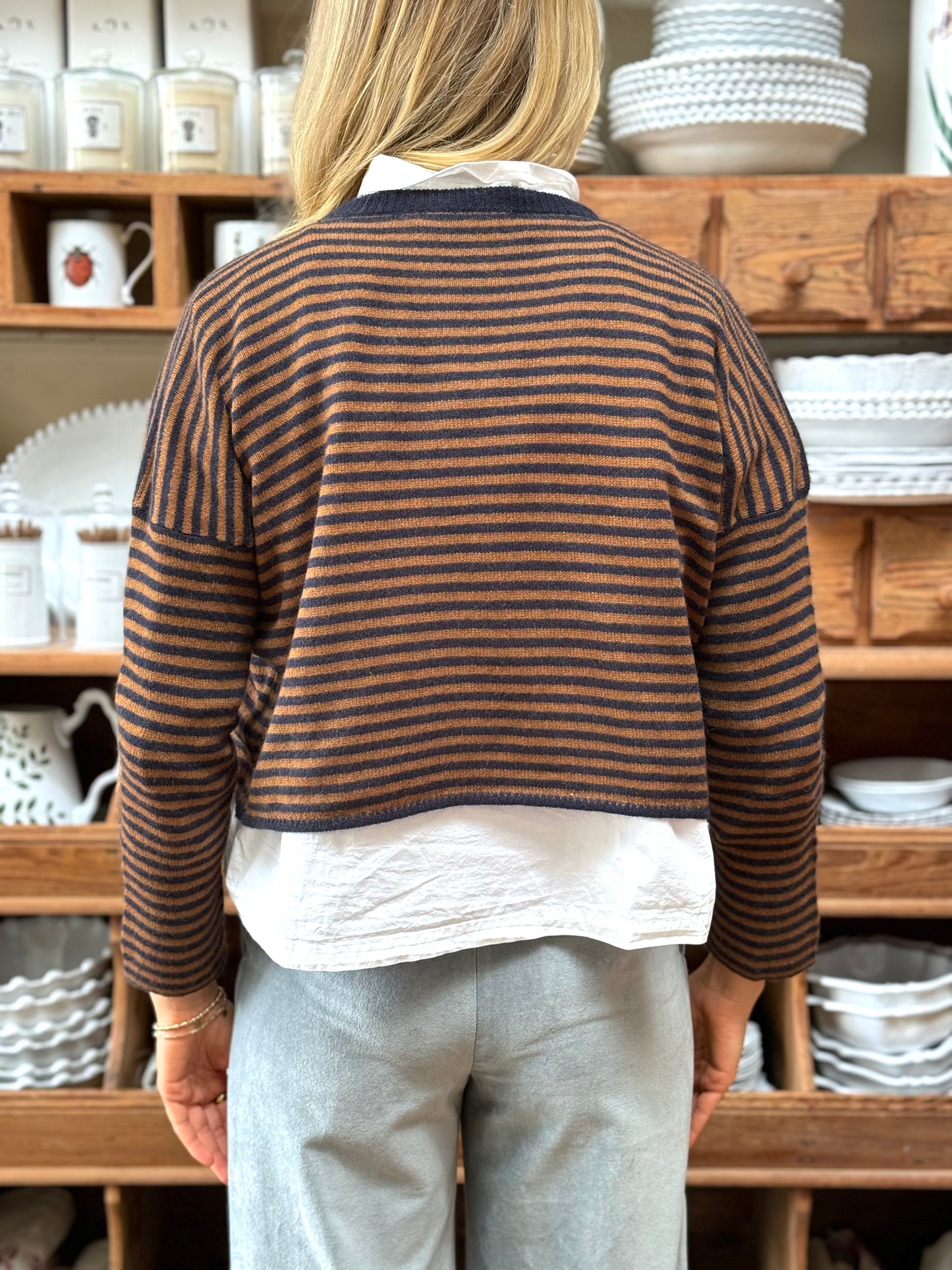 Minina Cashmere Knit Jumper - Camel And Navy Stripe