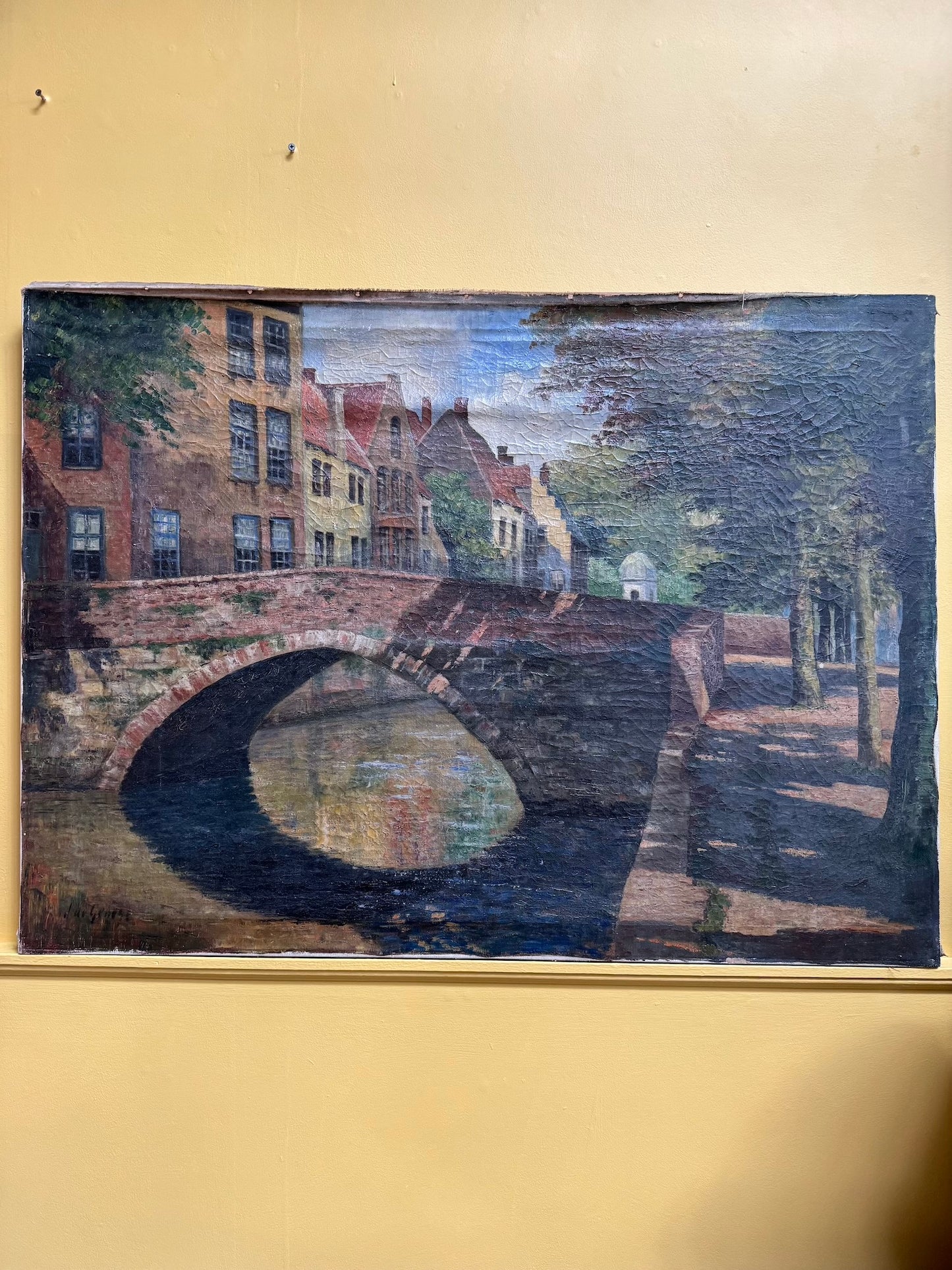 Large Antique European Village Scene Painting