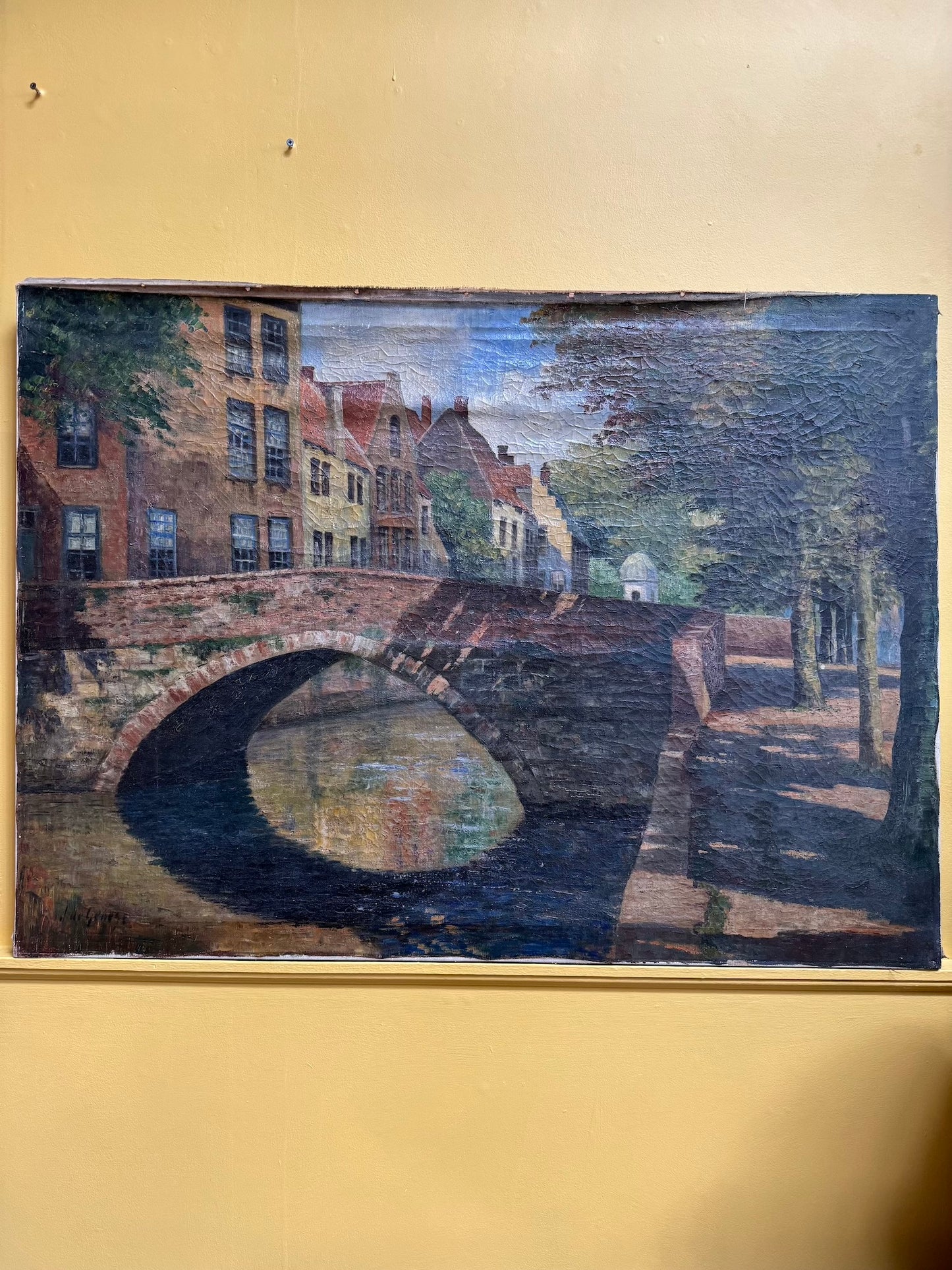 Large Antique European Village Scene Painting