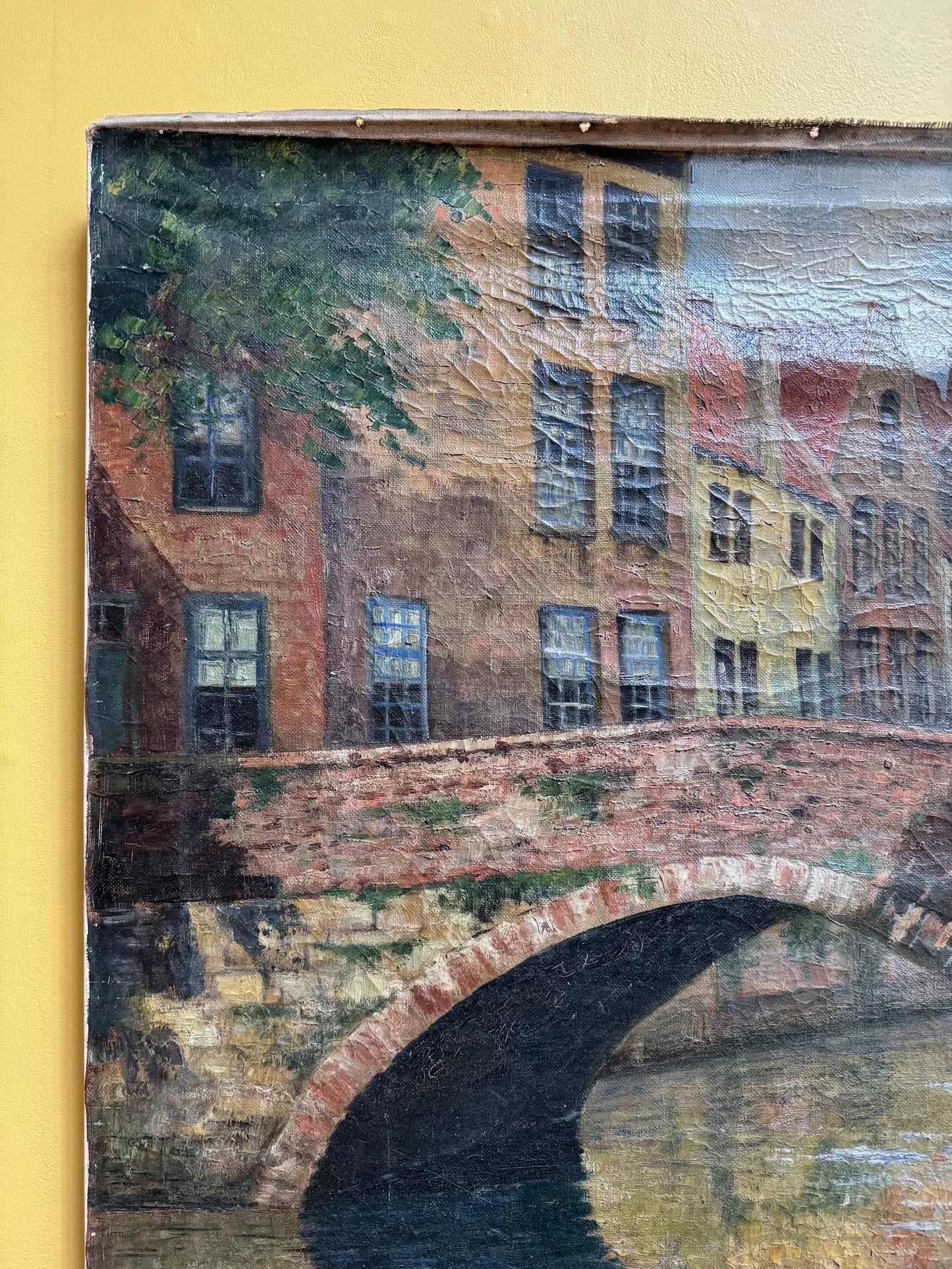 Large Antique European Village Scene Painting