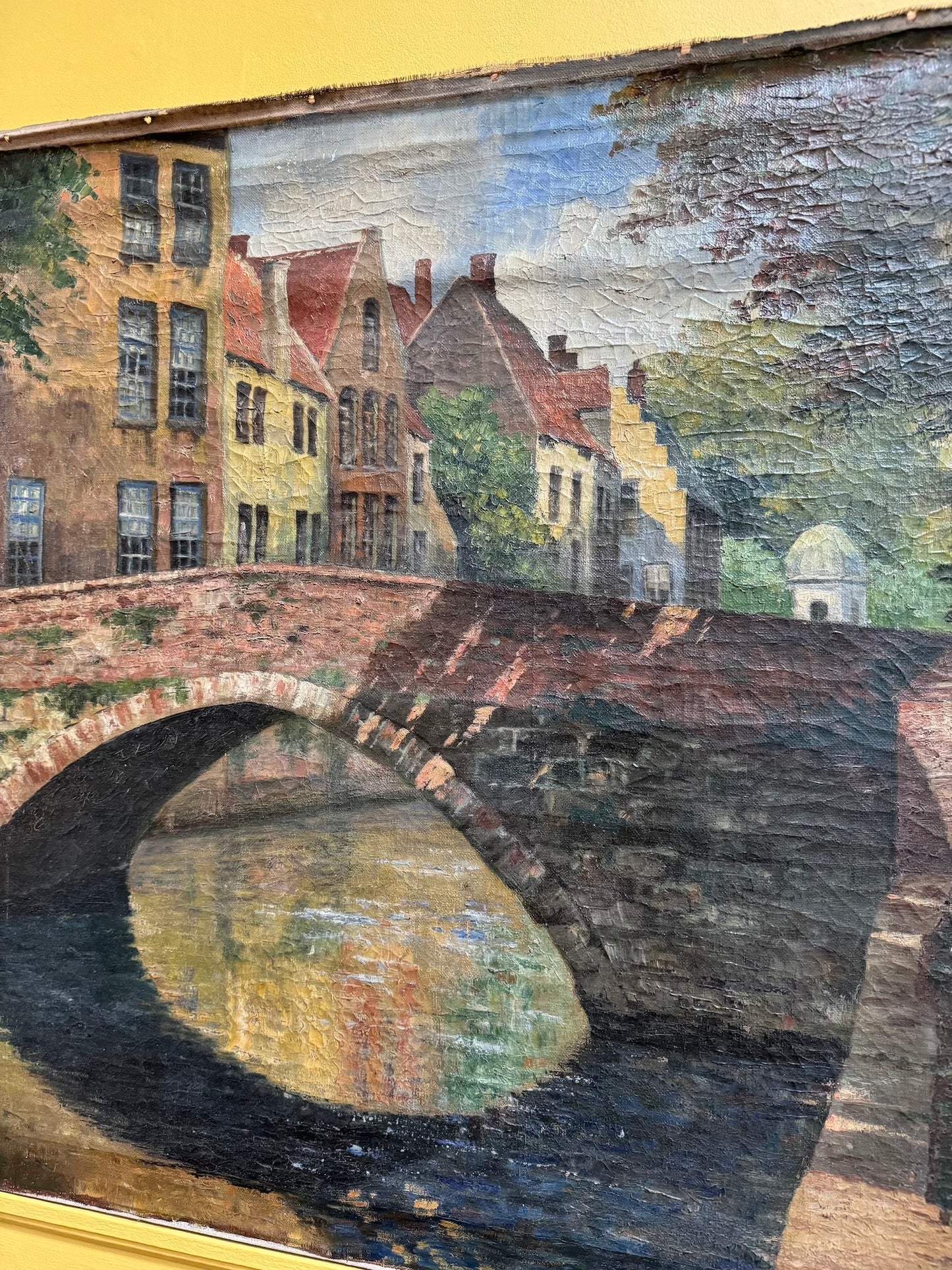 Large Antique European Village Scene Painting