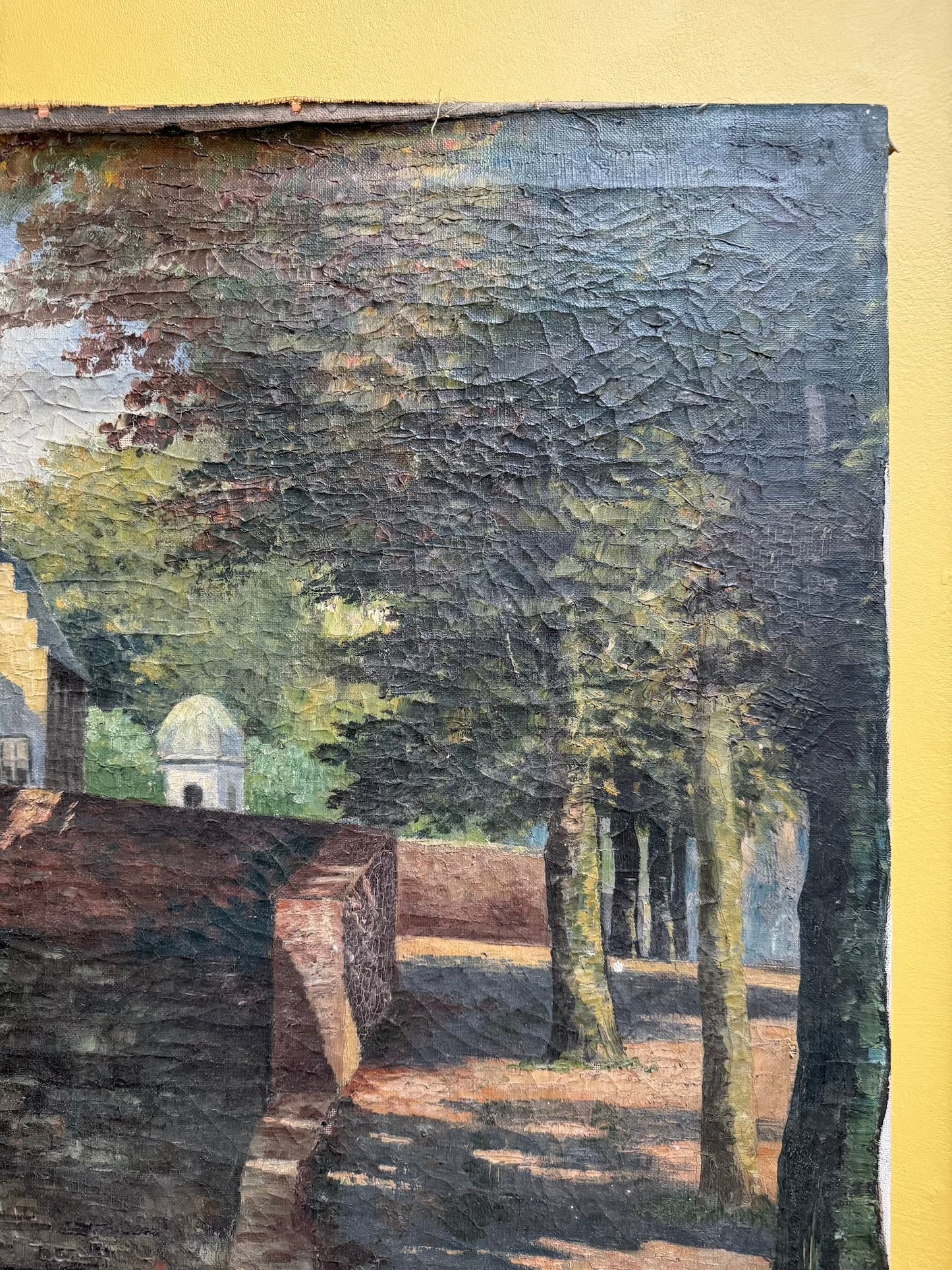 Large Antique European Village Scene Painting