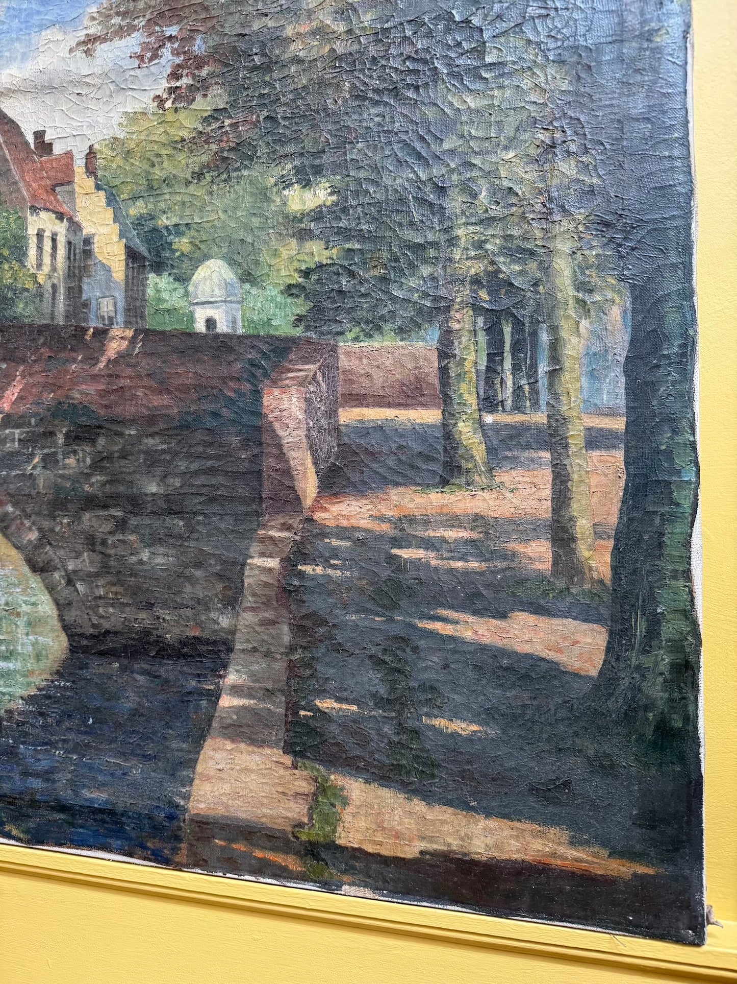 Large Antique European Village Scene Painting