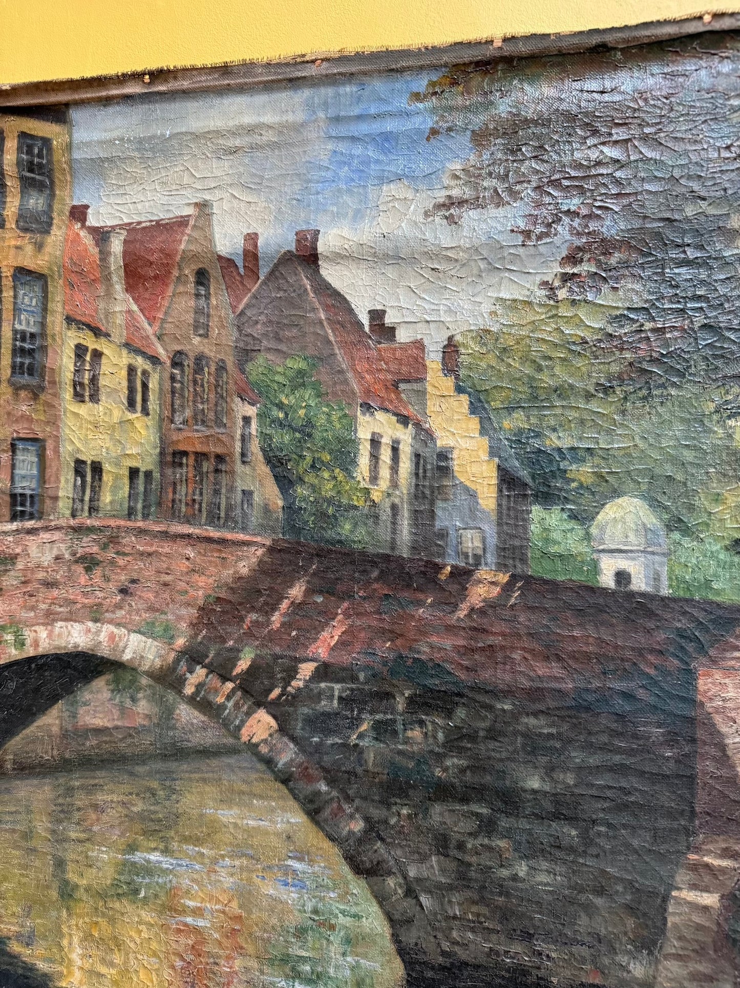 Large Antique European Village Scene Painting