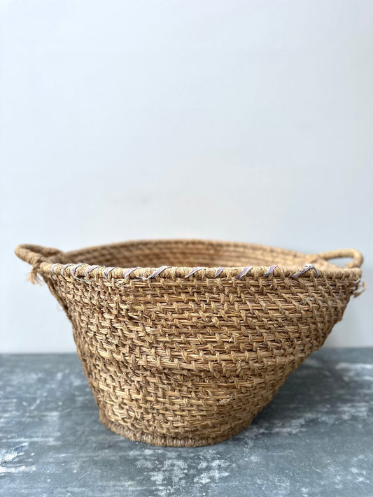 Antique French Woven Straw & Raffia Oval Basket
