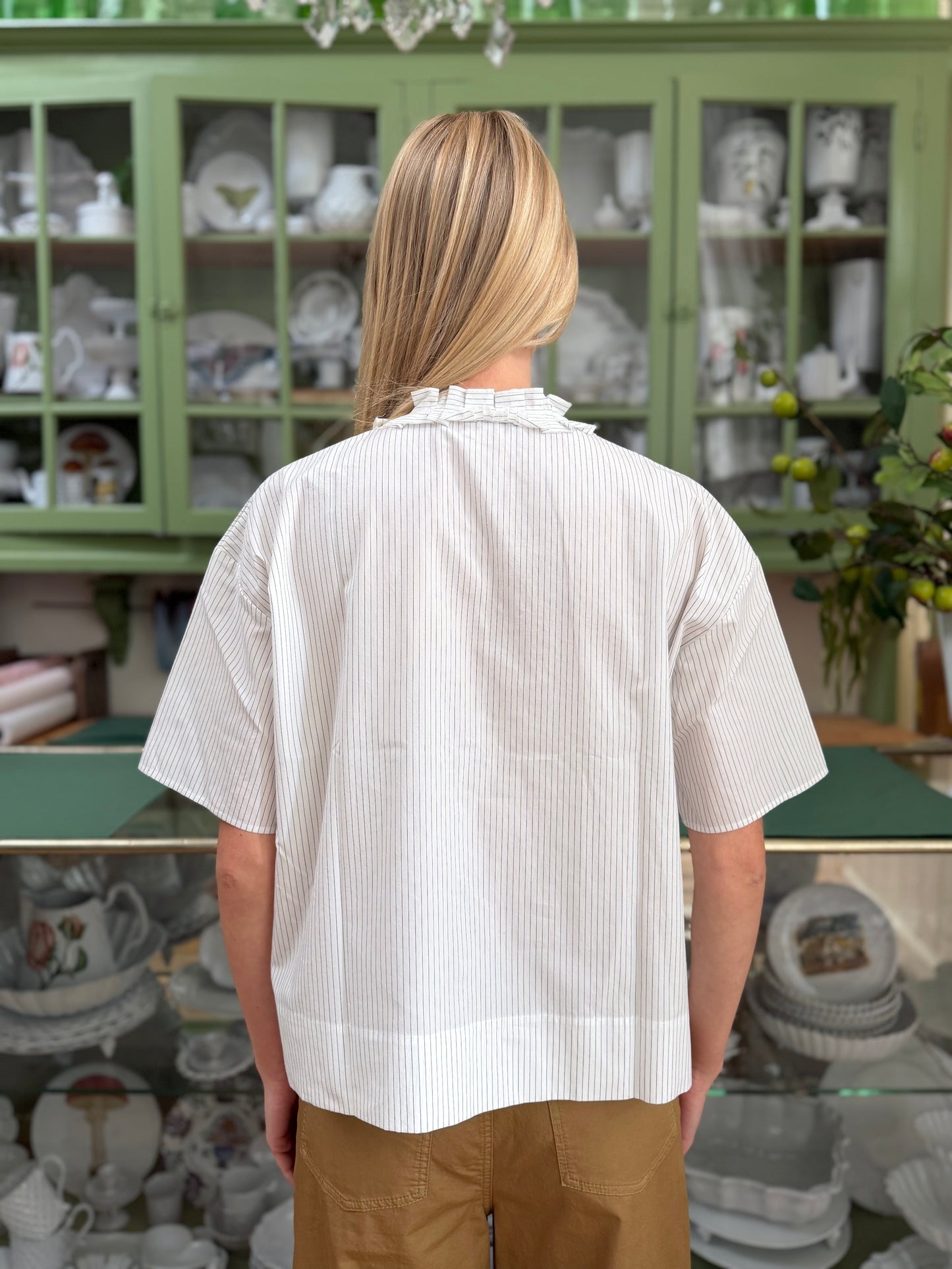 Minina Button Up Cotton Shirt With Frill Collar - White And Blue Stripe