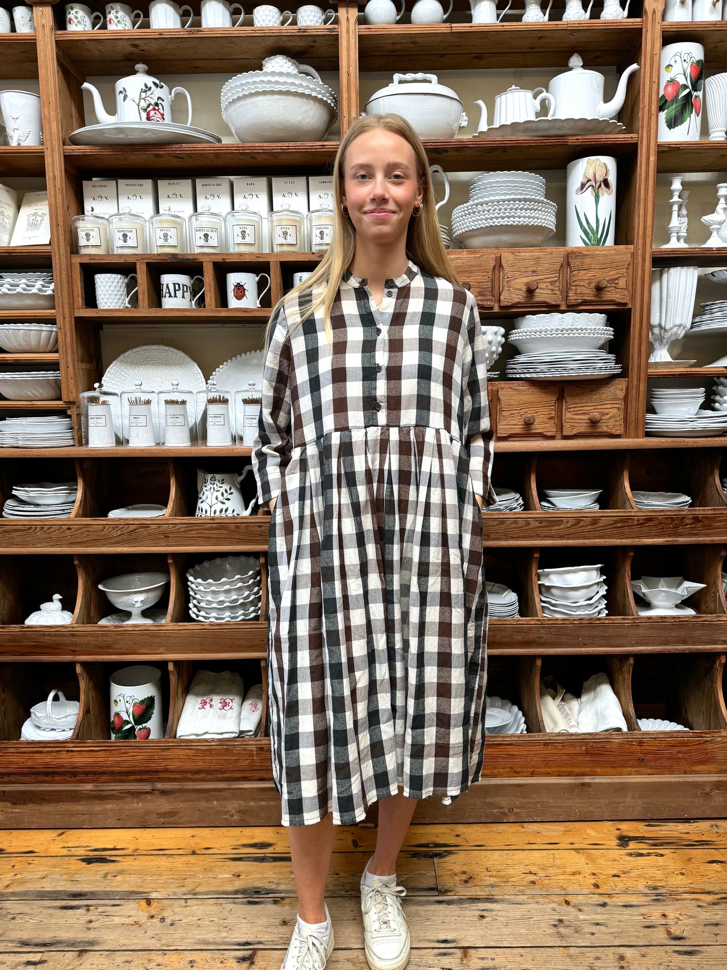 Aequamente Long Sleeve Dress - Brown Check