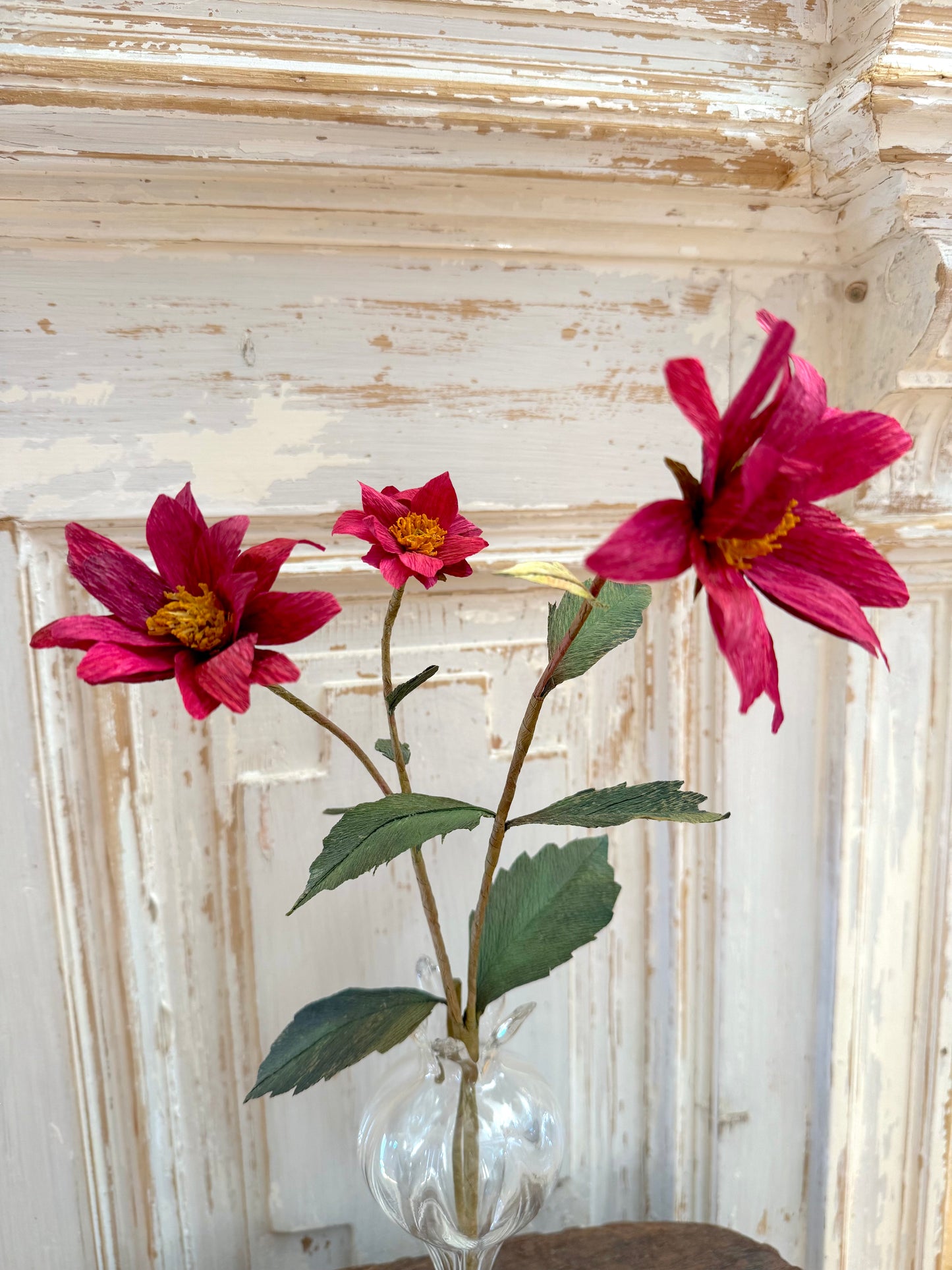 Delicate Handmade Paper Flowers - Dark Pink Dahlia Stem