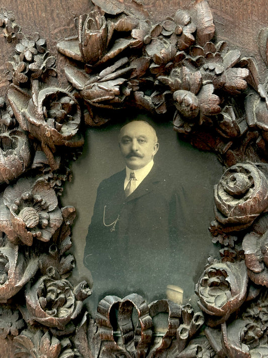 Antique French Floral Carved Wooden Photo Frame with Portrait