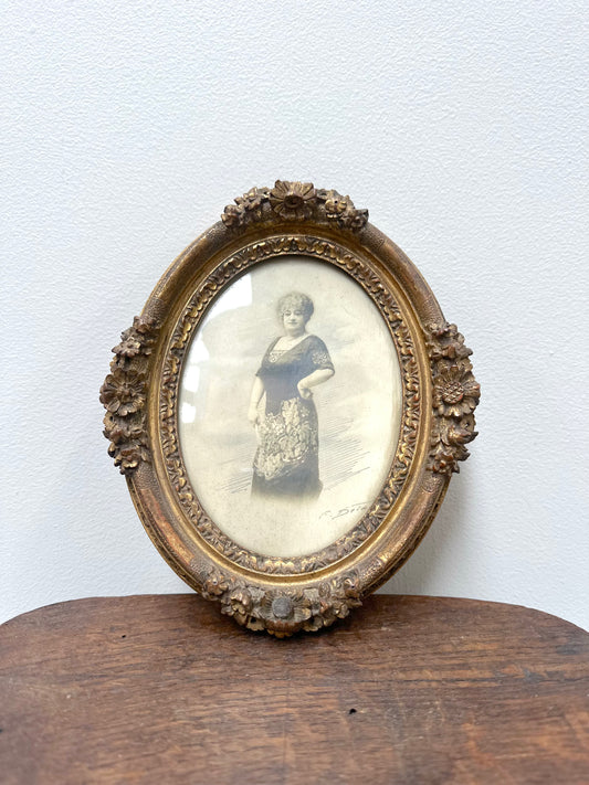 Antique French Oval Floral Photo Frame with Portrait