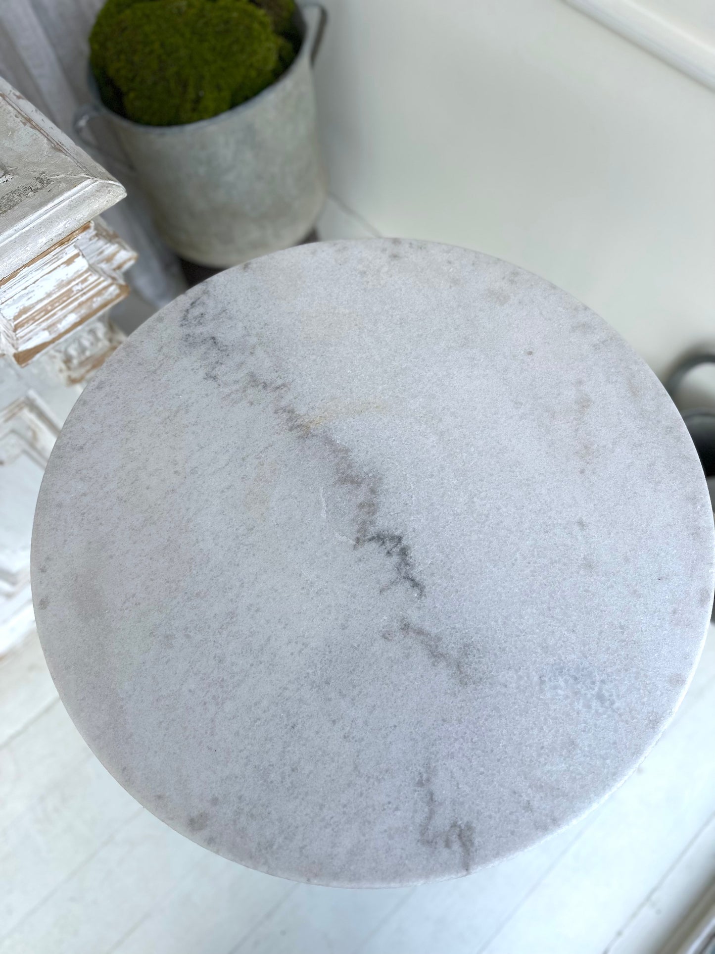 Antique French Round White Marble Café Table With Green Base