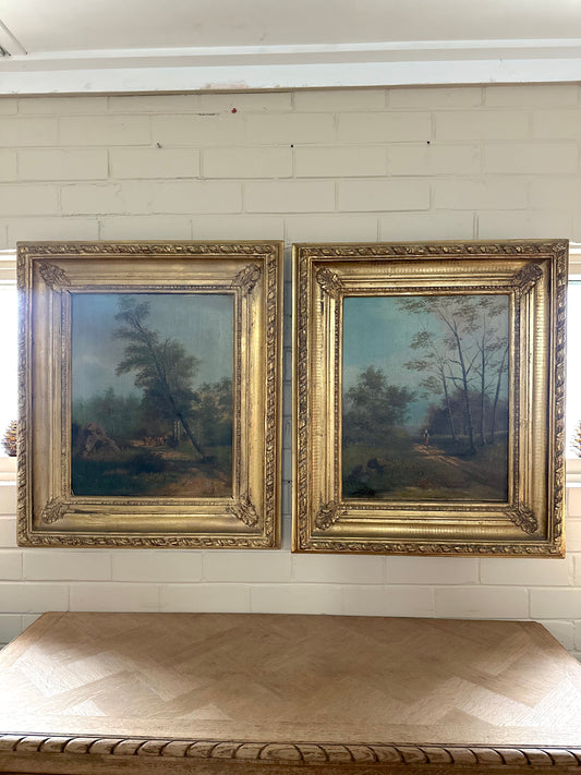 Antique European Pair of Framed Forest Scene Paintings