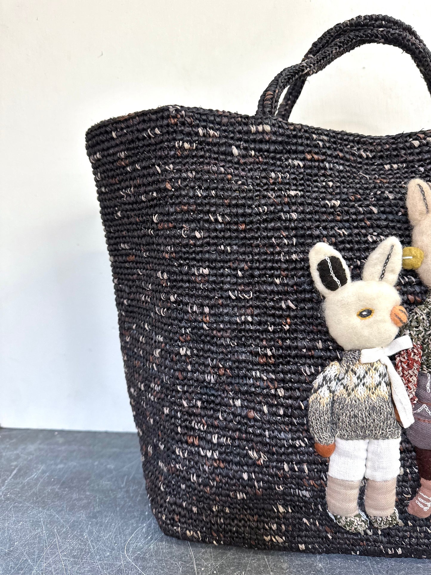 Sophie Digard Large Raffia Bag With Felt Bunny Duo