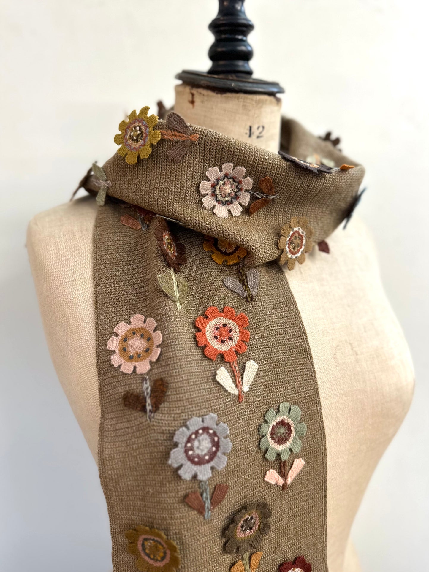 Sophie Digard Taupe Crochet Scarf With Flower Applique