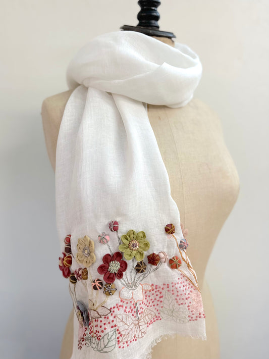 Sophie Digard Floral Embroidered White Linen Scarf