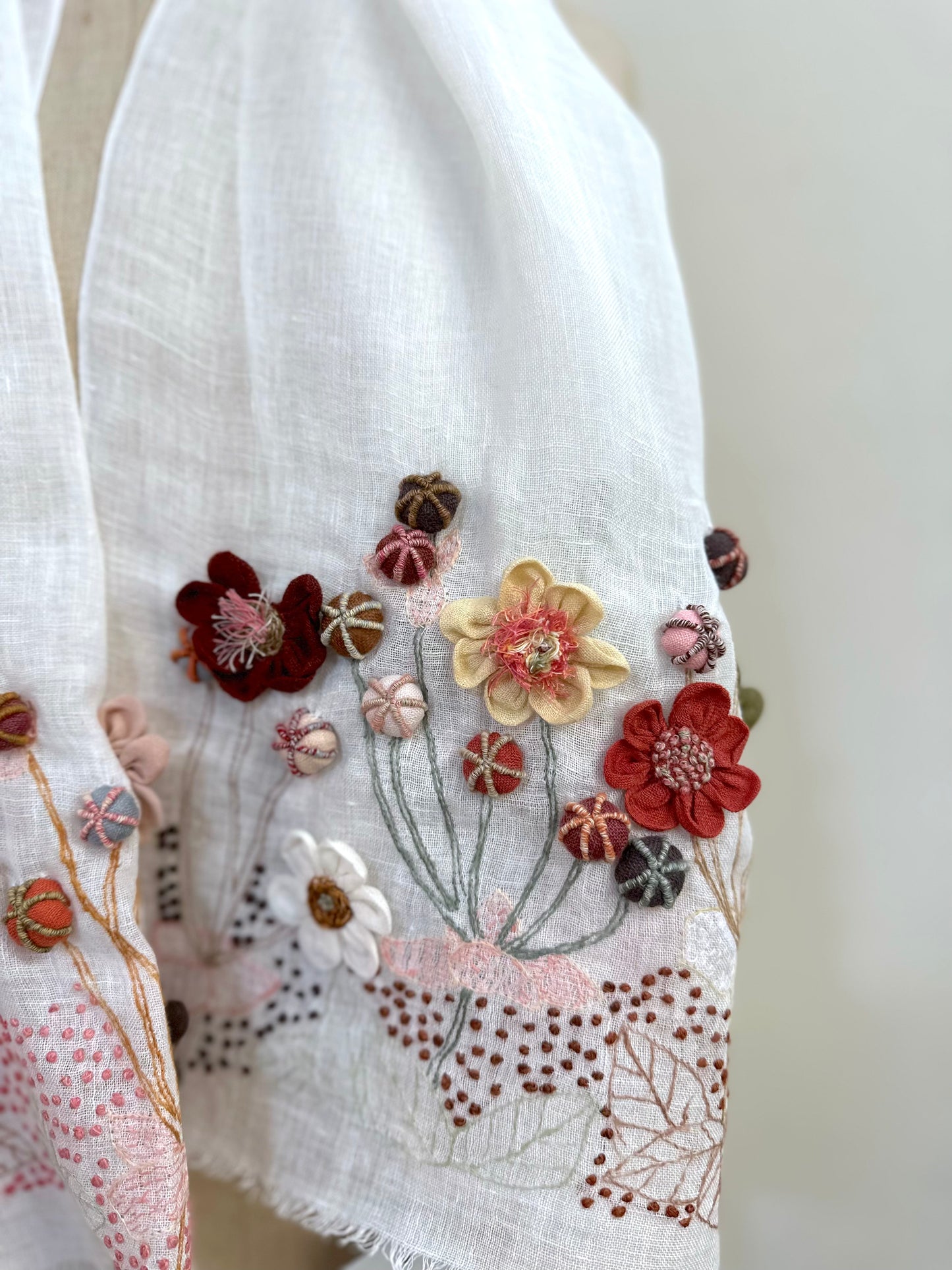 Sophie Digard Floral Embroidered White Linen Scarf
