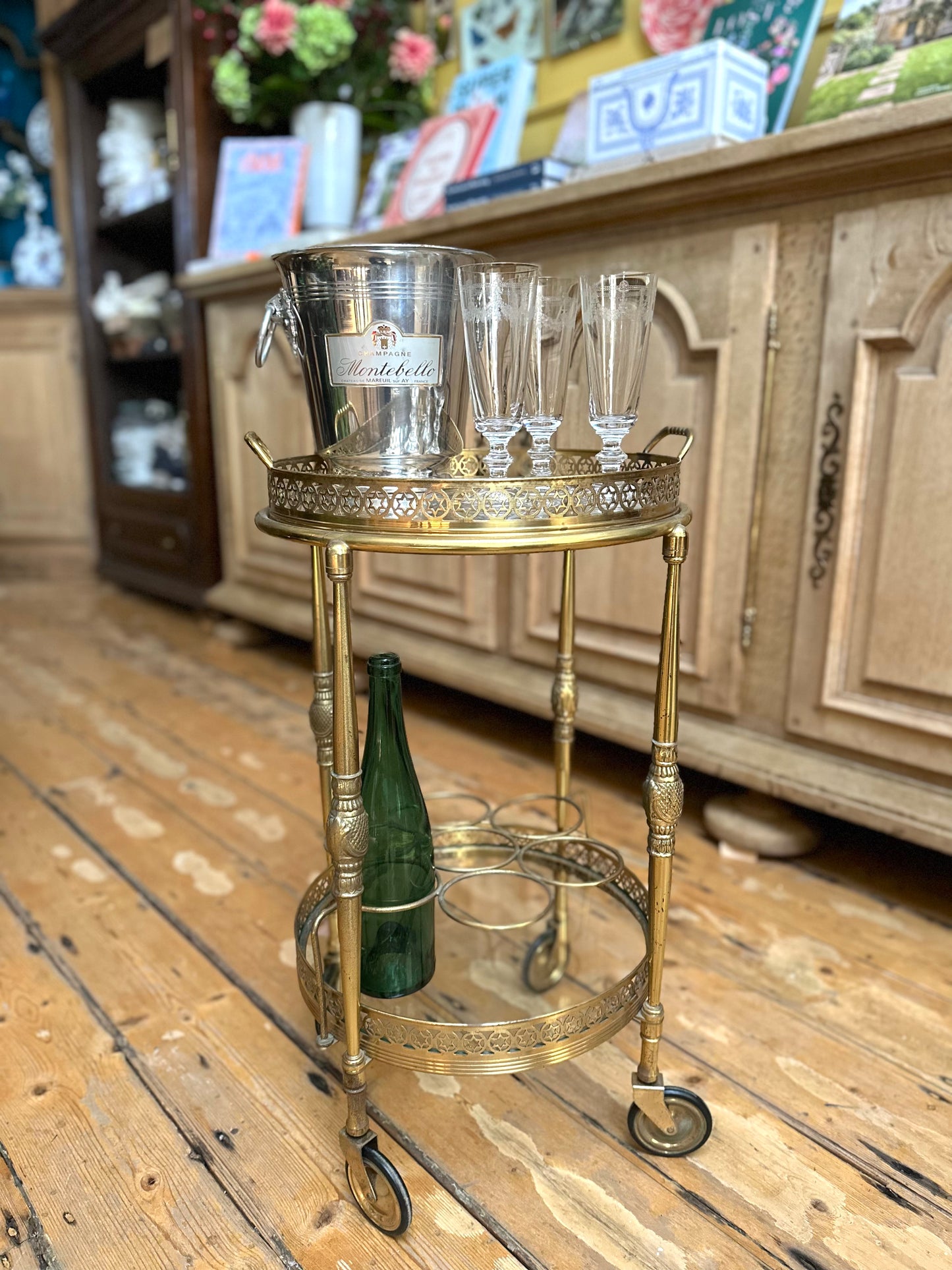 Antique French Round Brass Bar Cart With Bottle Holder