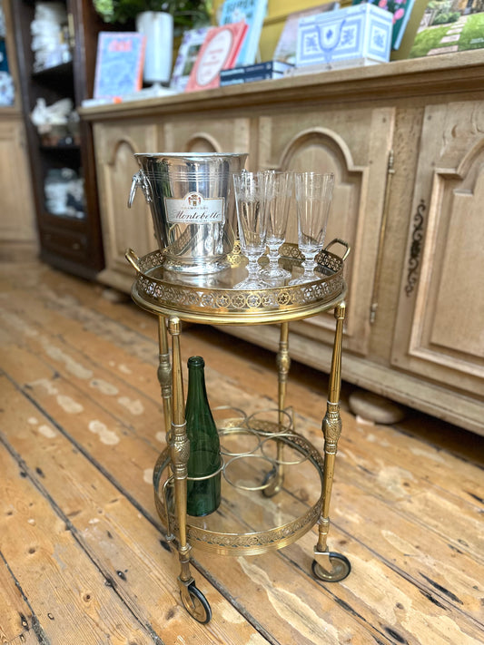 Antique French Round Brass Bar Cart With Bottle Holder