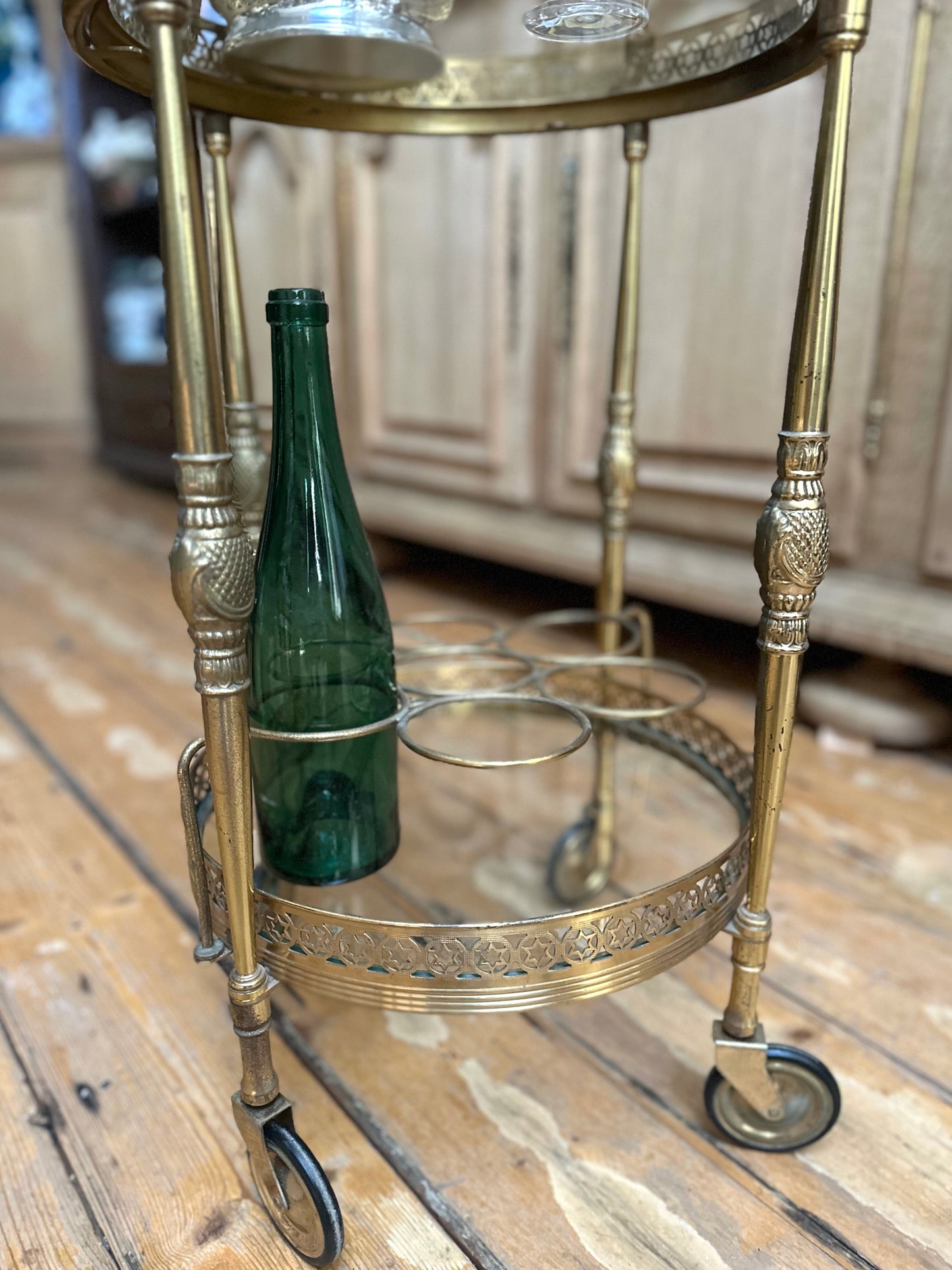 Antique French Round Brass Bar Cart With Bottle Holder