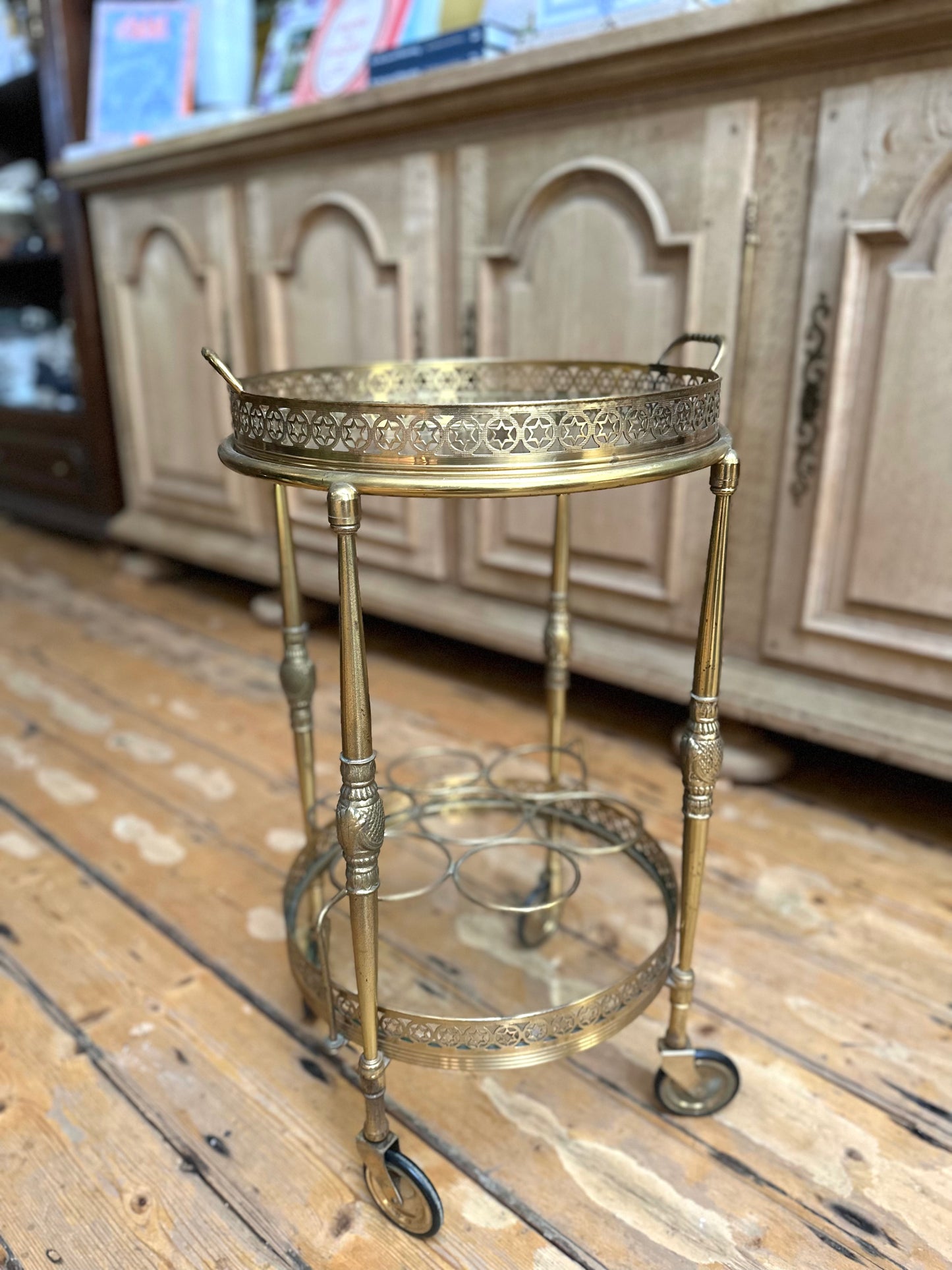 Antique French Round Brass Bar Cart With Bottle Holder
