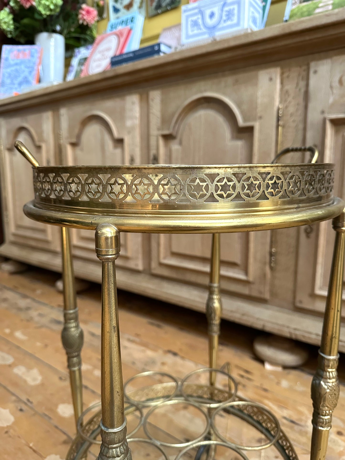 Antique French Round Brass Bar Cart With Bottle Holder