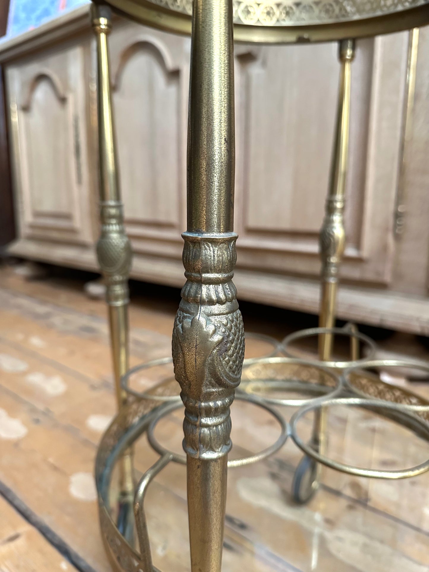 Antique French Round Brass Bar Cart With Bottle Holder