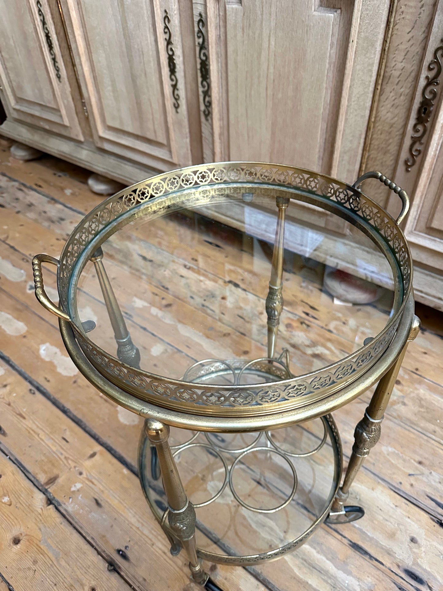 Antique French Round Brass Bar Cart With Bottle Holder